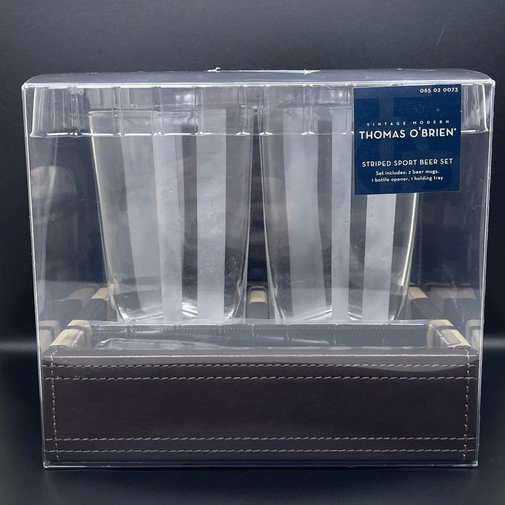 Thomas O'Brien Vintage Modern Striped Sport Beer Set 2 Mugs Bottle Opener‎